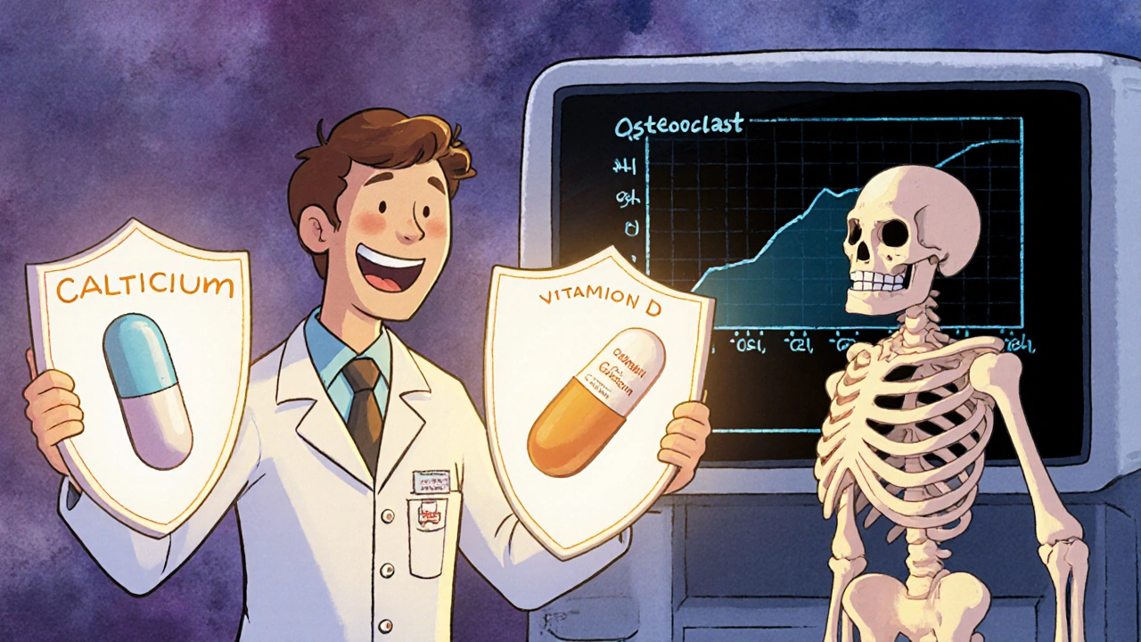 A doctor using calcium and vitamin D as shields against a bone-eating monster, with a bone scan showing improvement.
