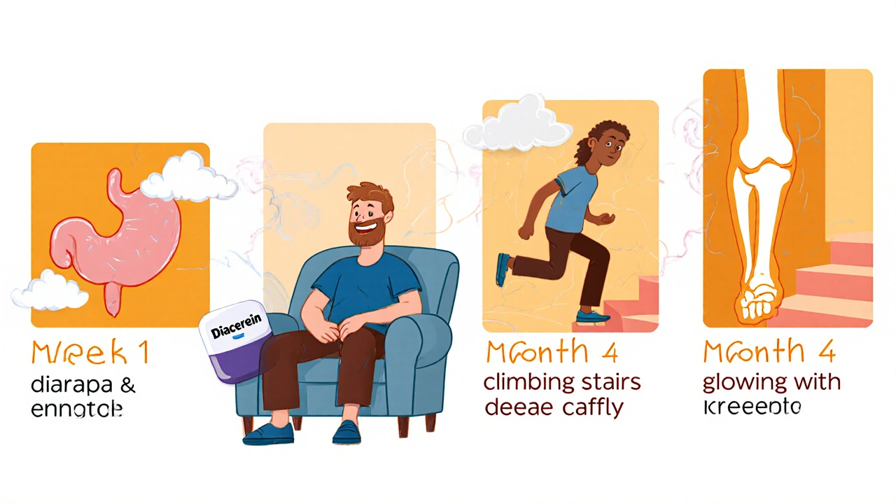 A patient smiling as time-lapse panels show improved joint mobility over months with diacerein.