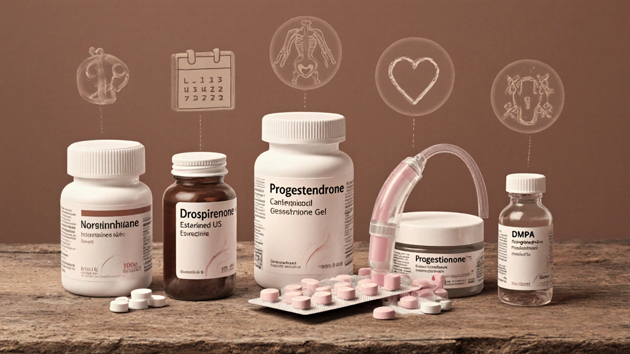 Artistic still life of various progesterone medication forms on a wooden table.