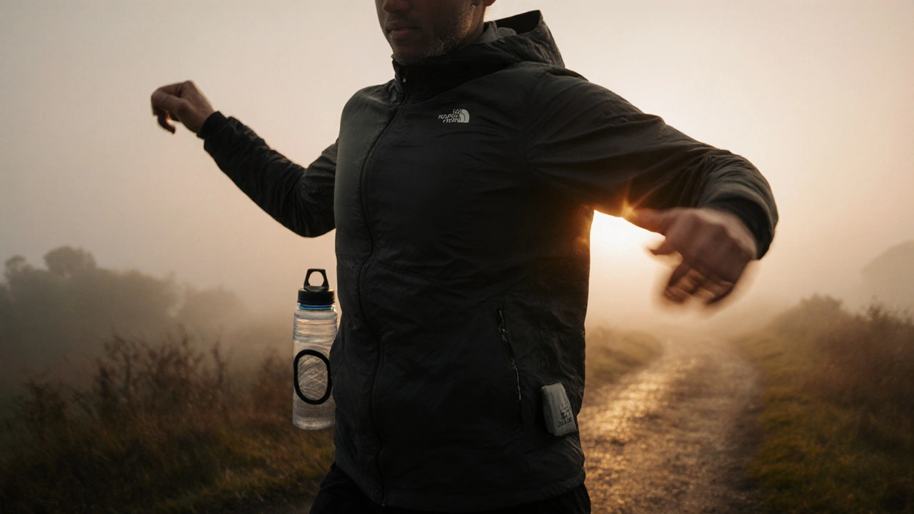 Athlete doing dynamic warm‑up on misty trail, wearing layered clothing and holding water bottle.