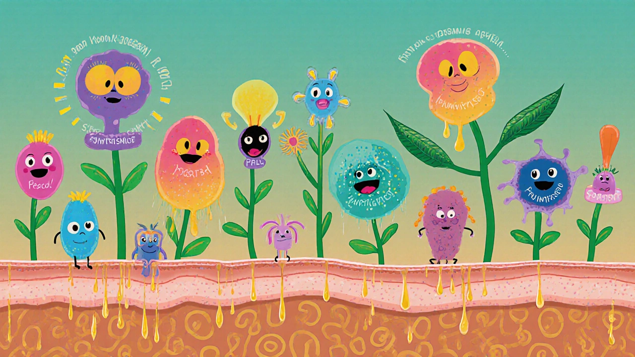 Beneficial microbes flourishing like flowers while harmful bacteria shrink inside the colon.