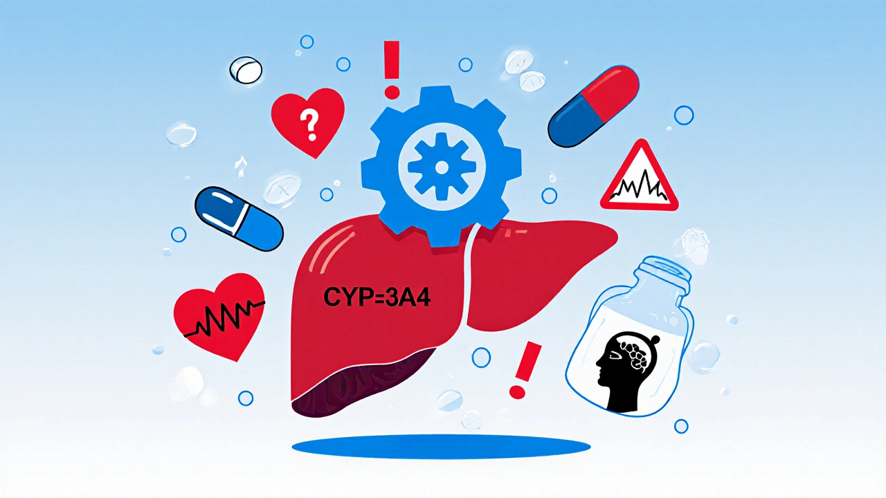 Cartoon liver with CYP3A4 gear surrounded by drug icons and warnings for liver, heart, and lipids.