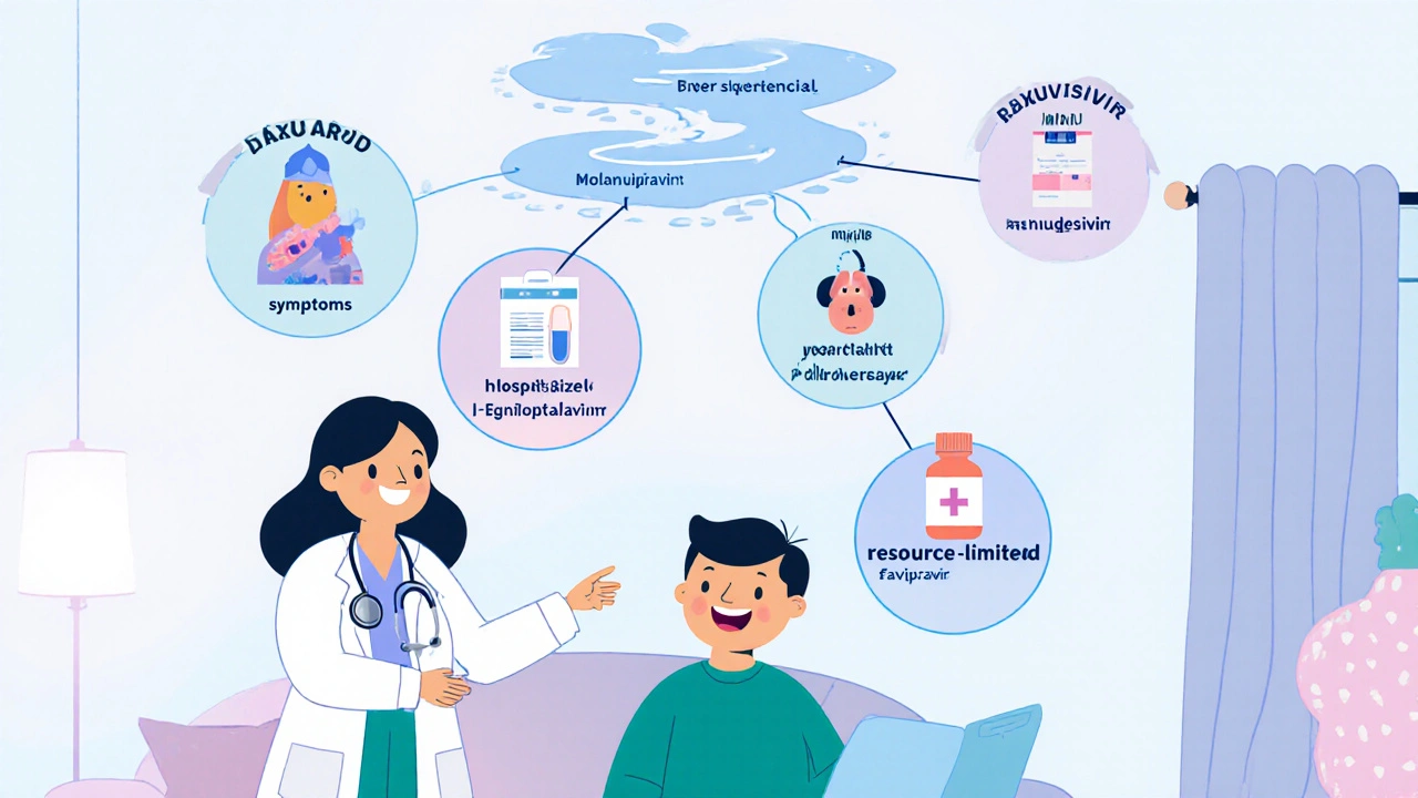 Doctor and patient with a whimsical decision tree showing antiviral choices.