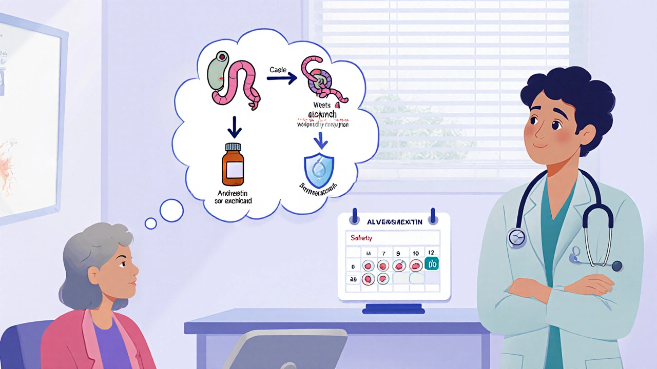 Doctor consulting a patient with a thought bubble showing a visual decision flow for antiparasitic treatment.
