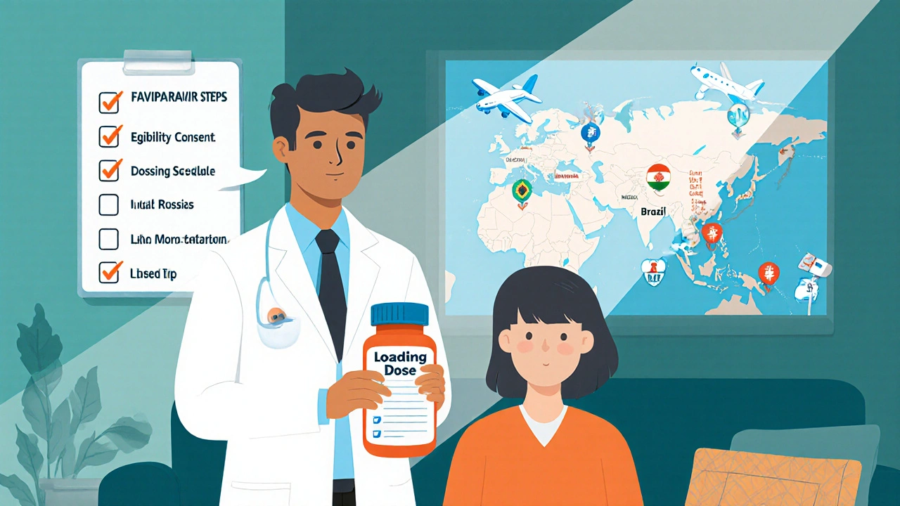 Doctor explains Favipiravir prophylaxis steps to patient with global trial map in background.