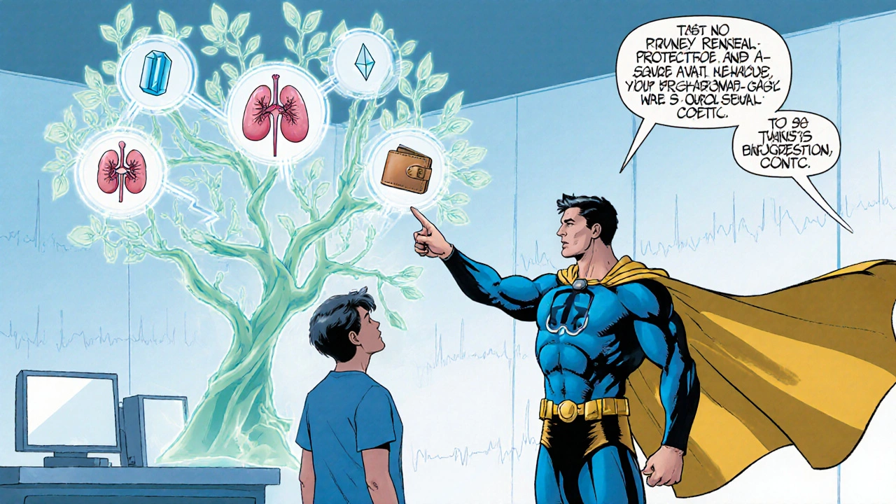 Doctor hero guides patient with a holographic decision tree of treatment factors.