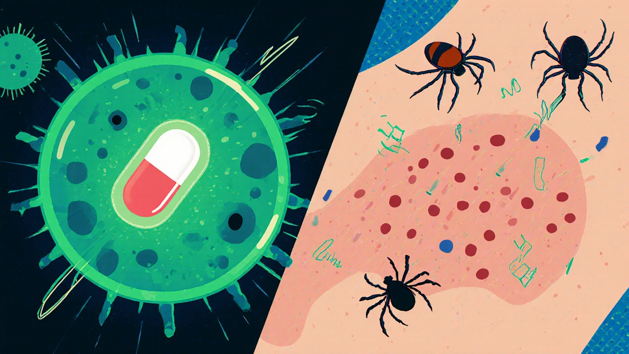 Doxycycline pill blocking bacterial ribosome; tick, rash, and acne icons illustrate infections.