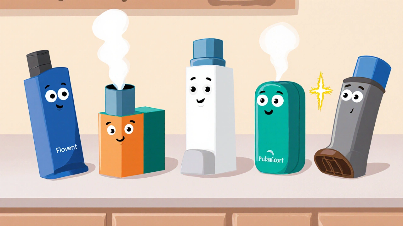 Five distinct inhaler characters lined up, each with unique shape and color.