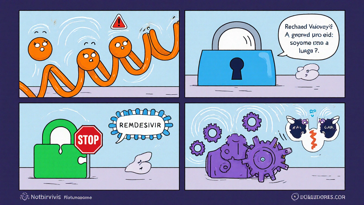 Four cartoon panels illustrating each antiviral's mechanism with colorful symbols.