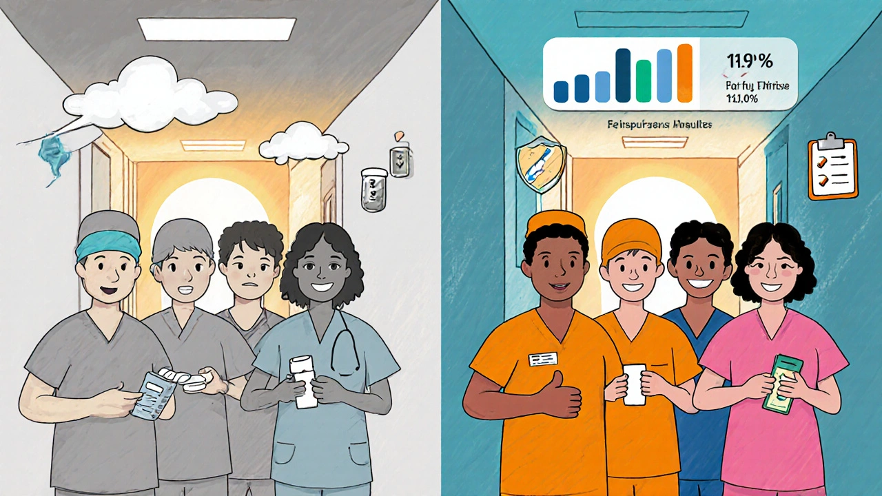 Healthcare workers split: placebo group looks worried, Favipiravir group smiles with lower infection rates.