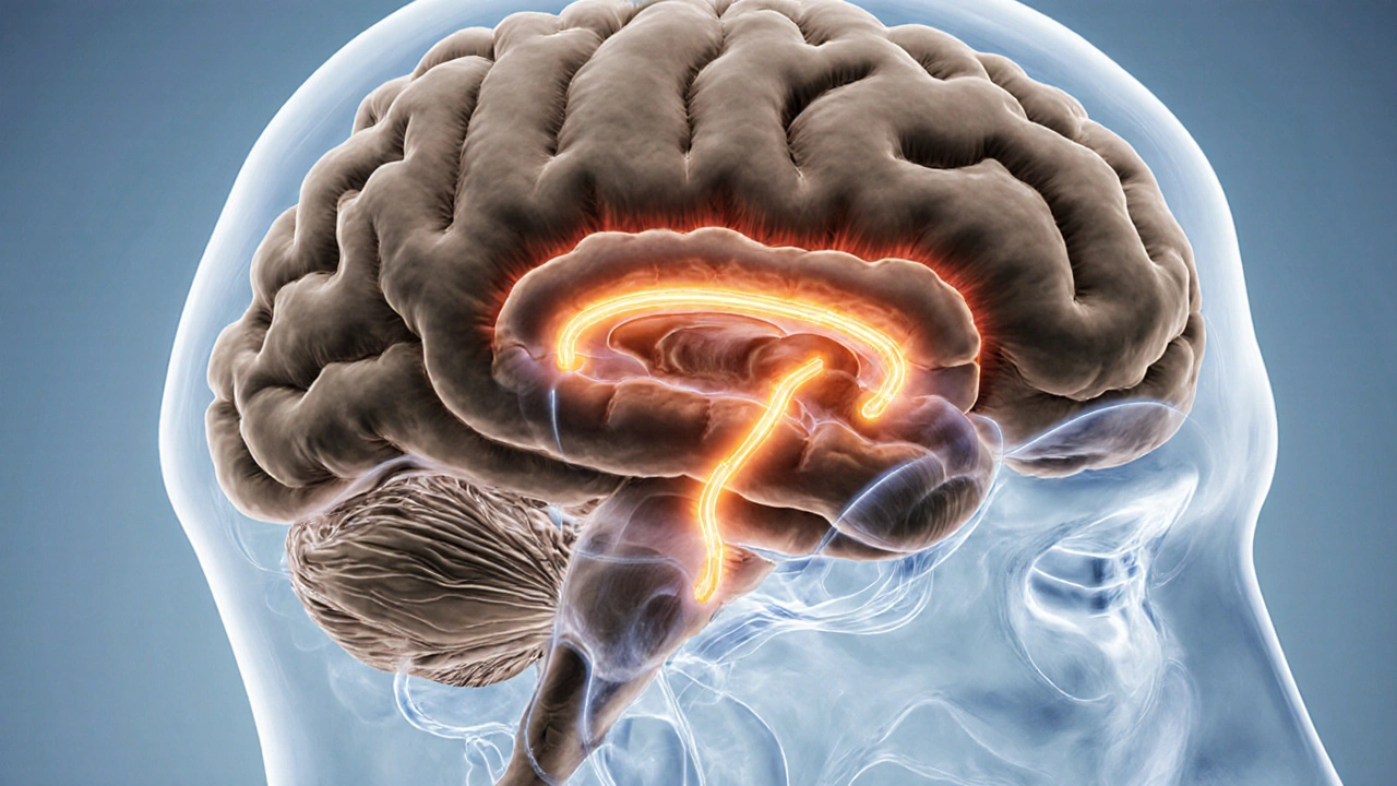 Illustrated brain highlighting dopamine pathways and structural changes in schizophrenia.