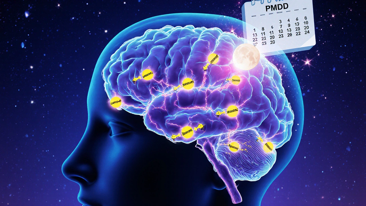 Illustrated brain with glowing serotonin pathways and fluoxetine bridges, overlaid by a faint lunar calendar.