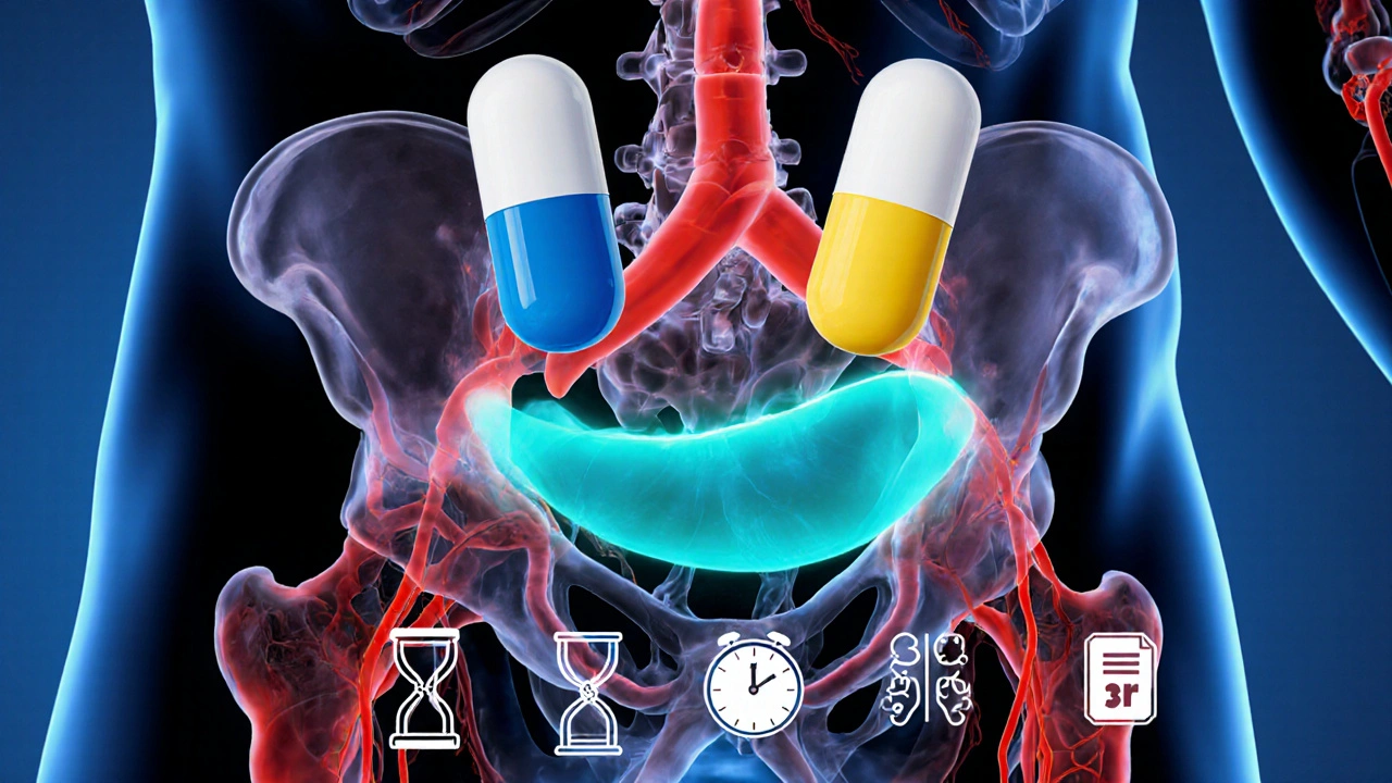 Illustrated pelvic cross‑section showing arteries widening as capsules dissolve, with clock icons.