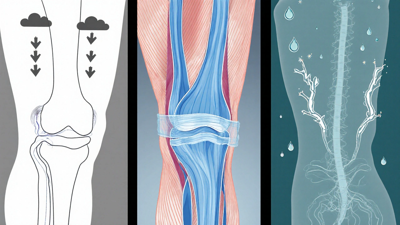 Illustration showing barometric drop, cold vasoconstriction, and humidity affecting muscles and joints.