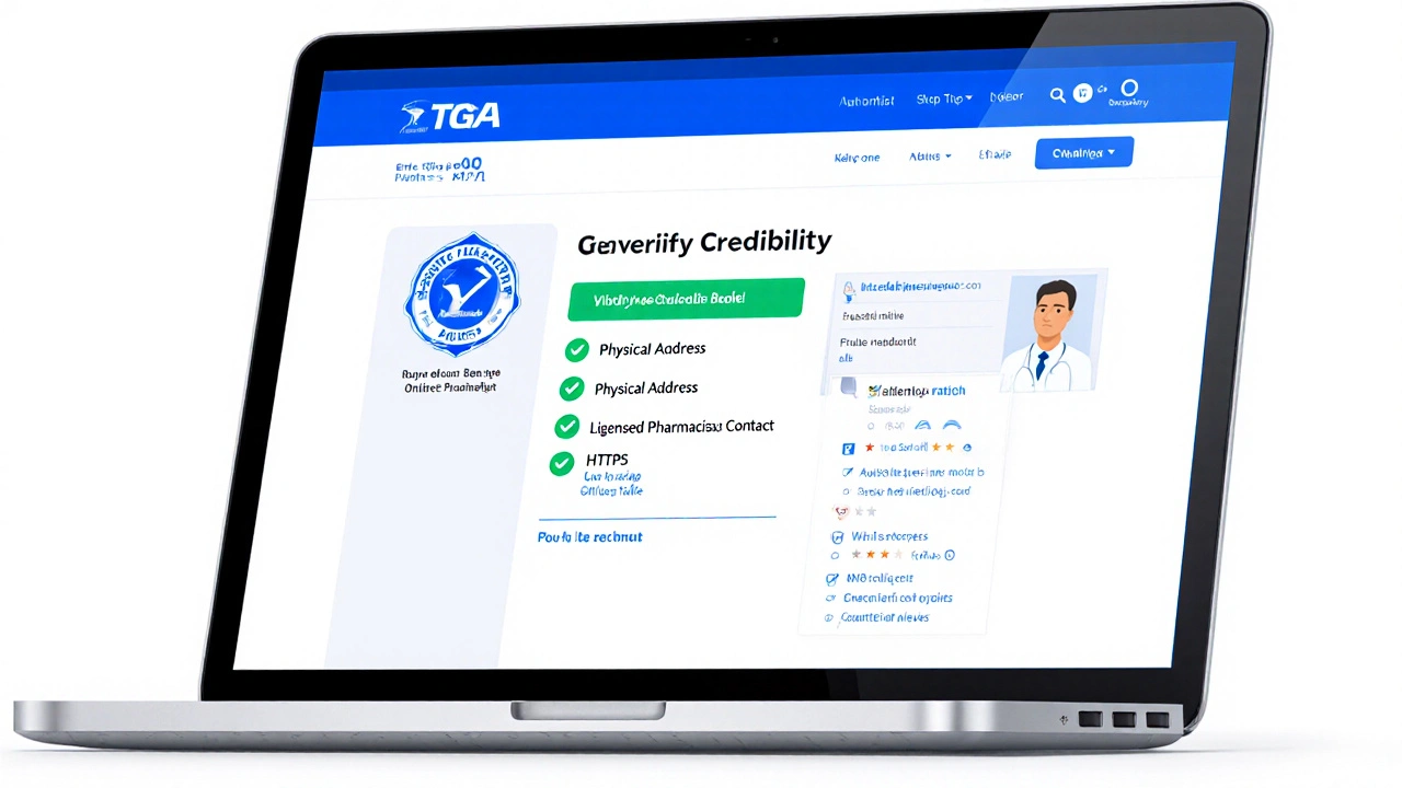 Laptop screen showing online pharmacy verification checklist with TGA badge.
