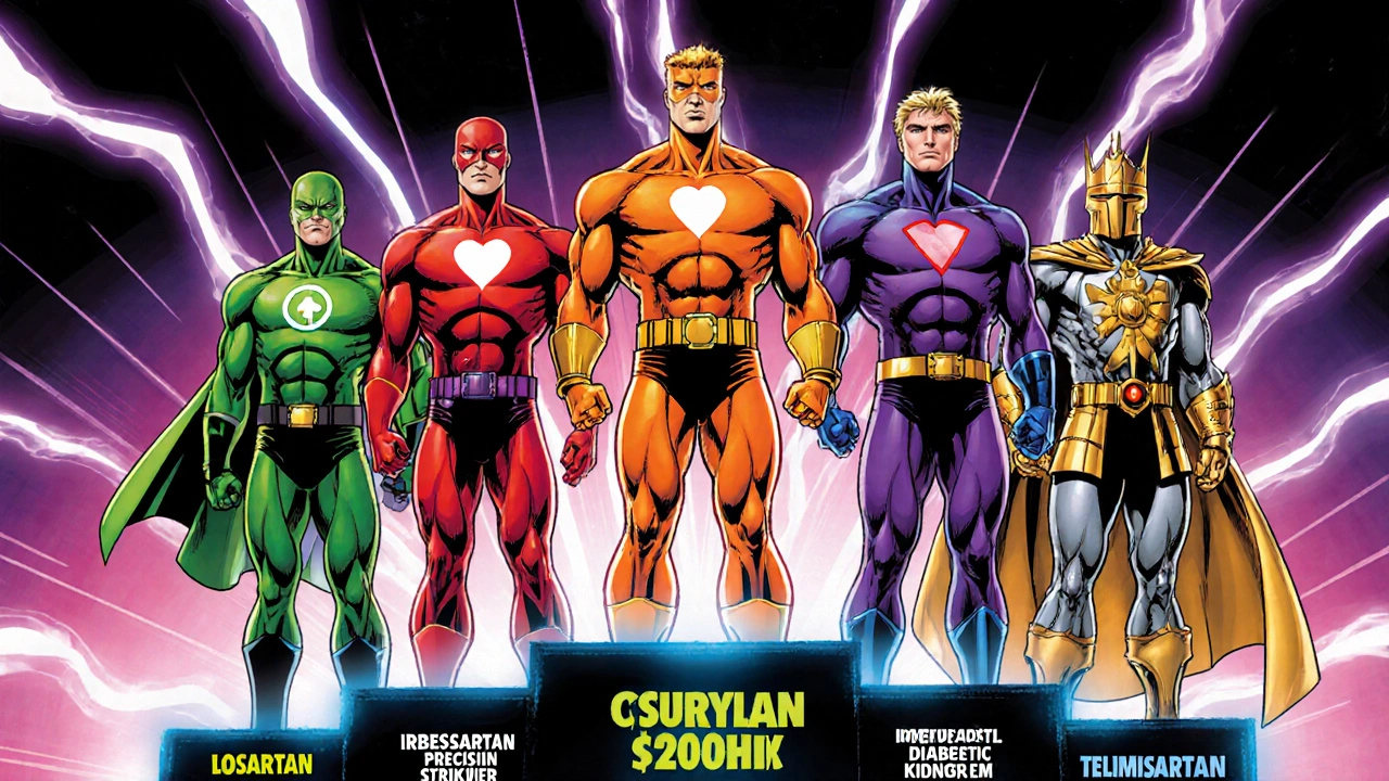 Lineup of drug heroes representing ARBs and ACE inhibitor with distinct powers.