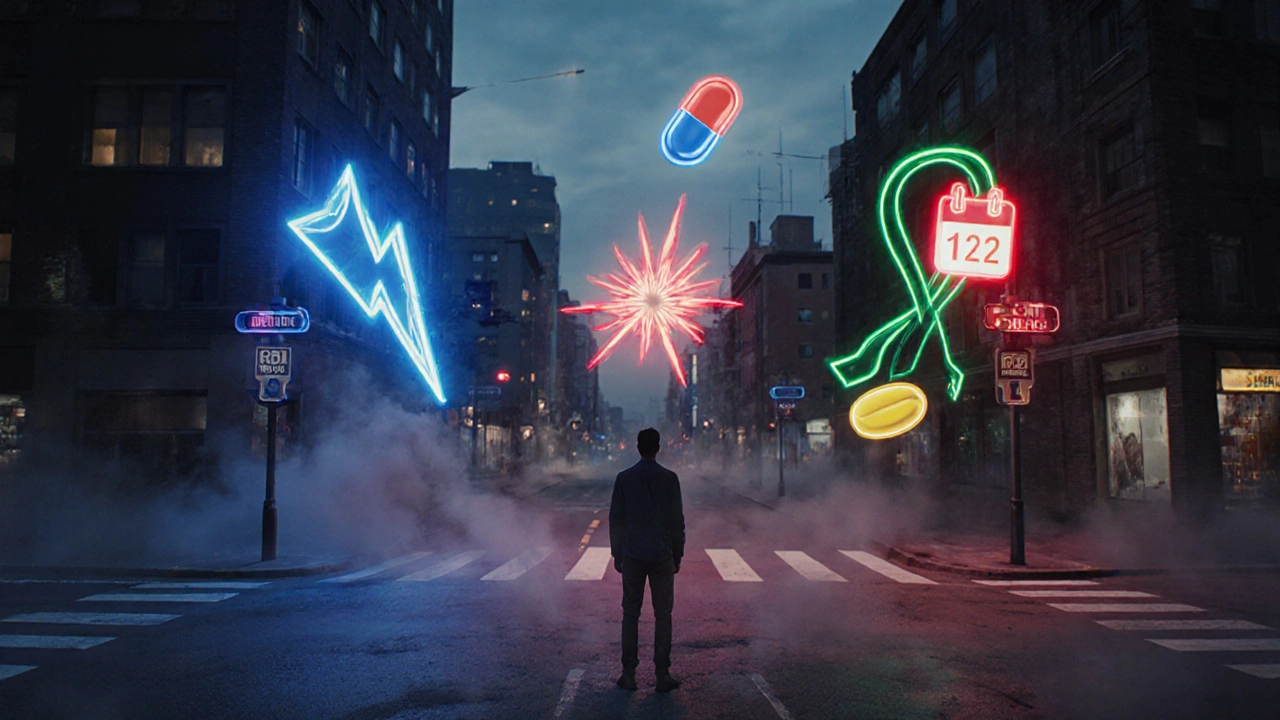 Man at a dusk crossroads, neon‑lit paths and floating pill shapes represent medication choices.