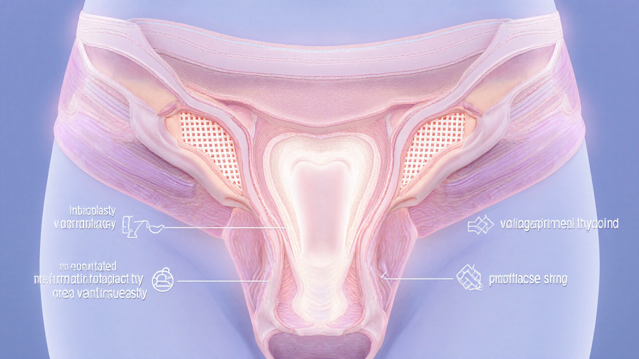 Medical illustration showing anatomy with highlighted surgery sites.
