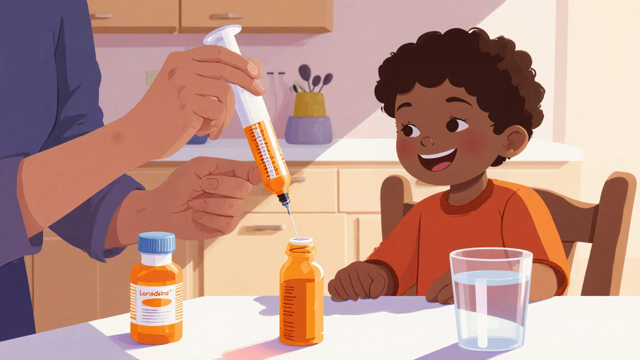 Parent measuring loratadine syrup for a child with a dosing syringe.