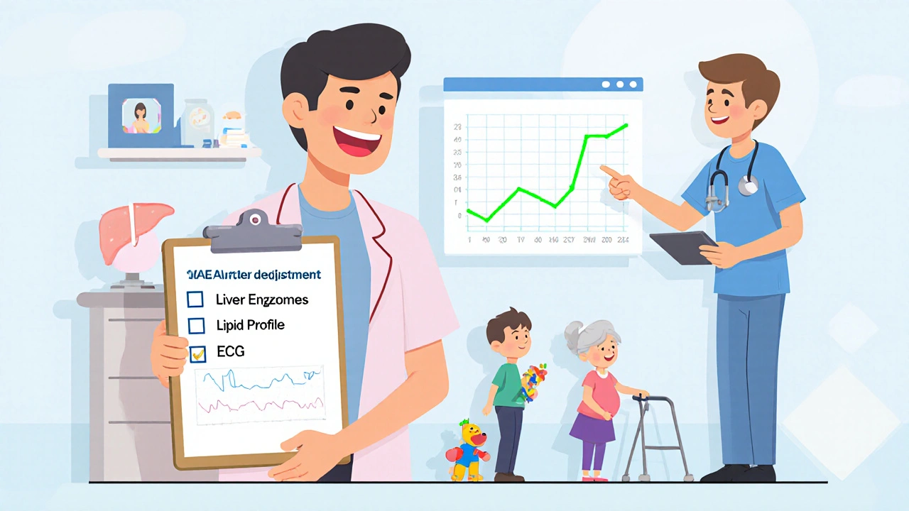 Patient gets lab checks while doctor reviews results; icons for pregnancy, child, and elderly appear.
