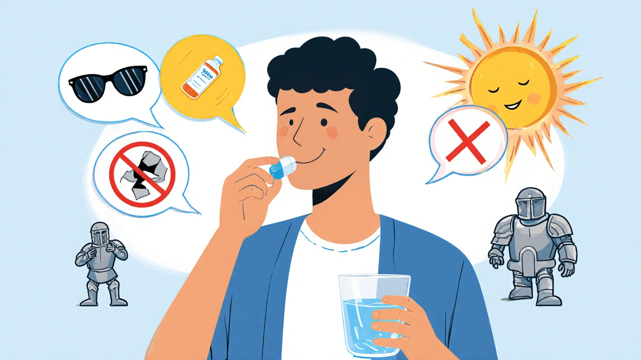 Patient taking doxycycline with water, sun protection icons, and side‑effect warnings.