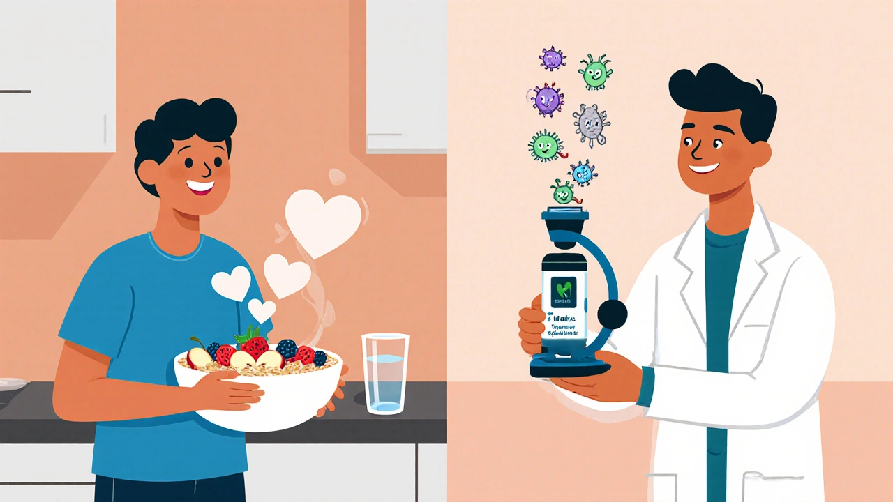 Person eating fiber‑rich foods beside a pharmacist showing probiotics and microbes under a microscope.