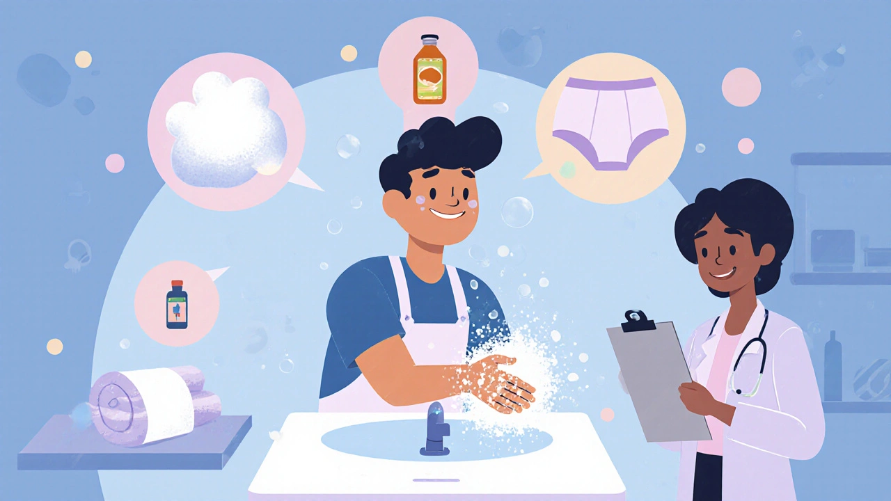 Person washes hands, uses powder, wears cotton underwear, and sees doctor.