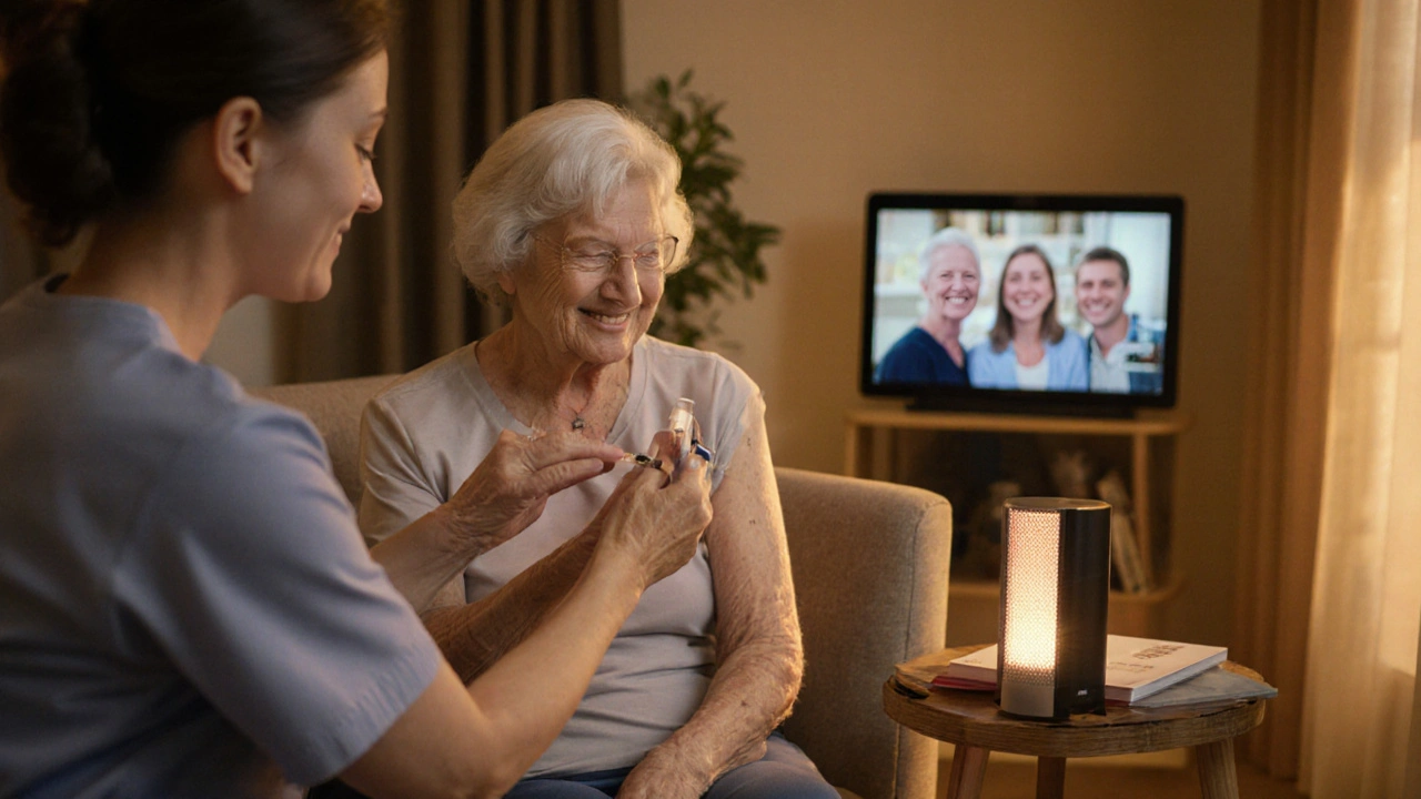 Senior receiving injectable ART at home with voice‑activated reminder and virtual support group.