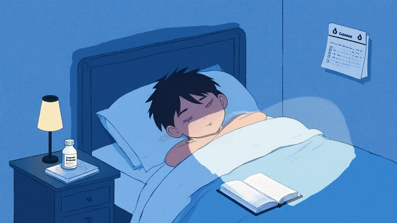 Sleeping child at night with a pill bottle and medication log nearby.