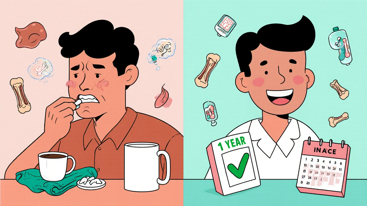 Split scene: person struggling with pills vs. receiving IV treatment, with bone growth icons and a calendar showing progress.