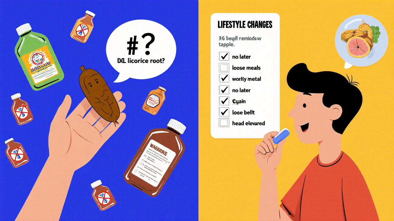 Split scene: unproven remedies vs. famotidine and lifestyle changes for heartburn