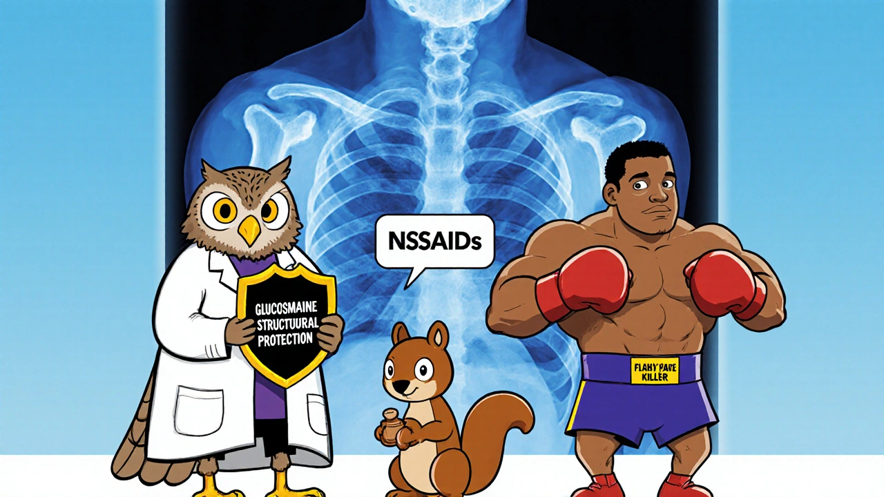 Three cartoon characters representing arthritis treatments, with diacerein shown as a wise owl protecting joint structure.