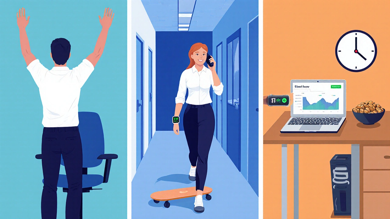 Three‑panel illustration showing stand‑up break, hallway walk, and standing desk with balance board.
