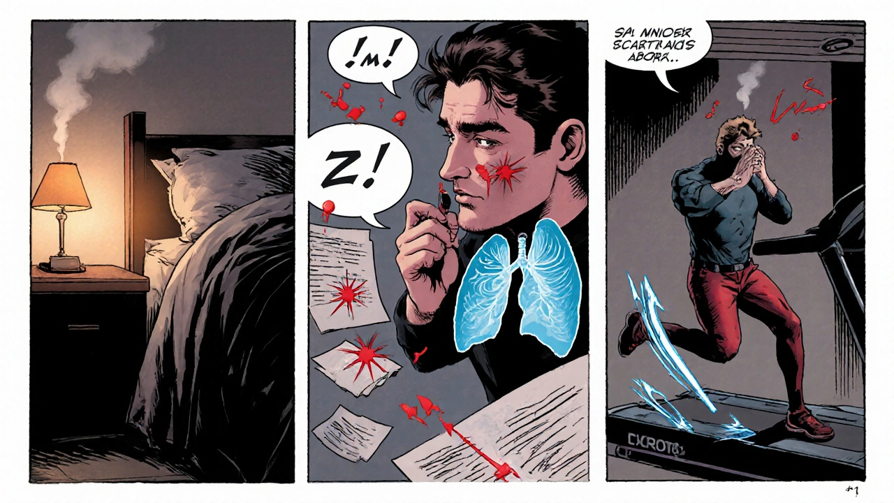 Three panels show the hero struggling to sleep, work, and exercise.