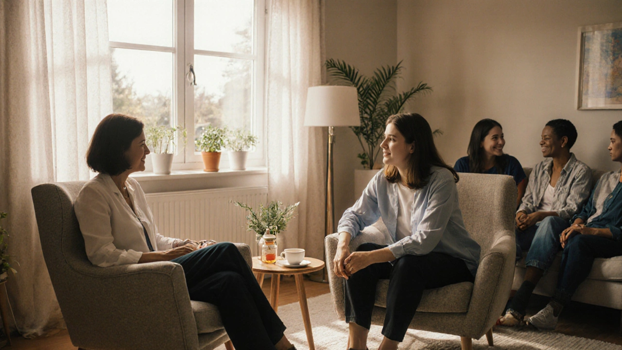 Warm scene of therapy and support showing holistic treatment for schizophrenia.