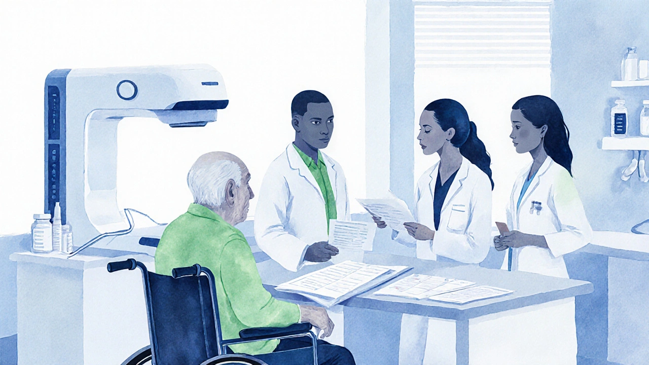 Watercolor of multidisciplinary clinic team caring for an elderly HIV patient.