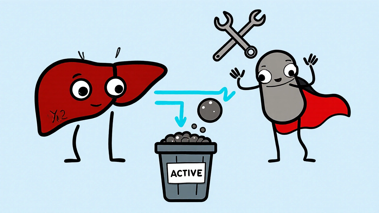 Whimsical liver with eyes processing azilsartan molecules, most passing through unchanged.