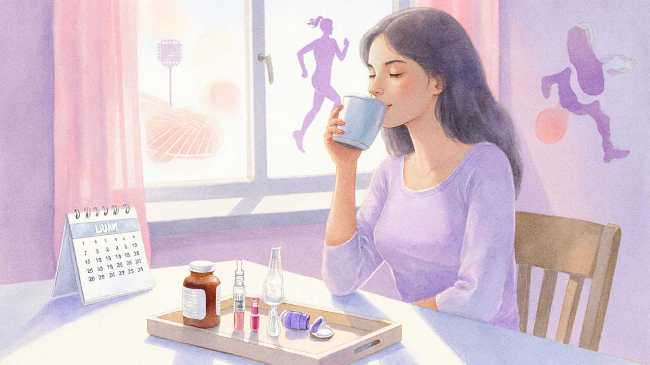 Woman at kitchen table contemplating different progesterone options in pastel watercolor.