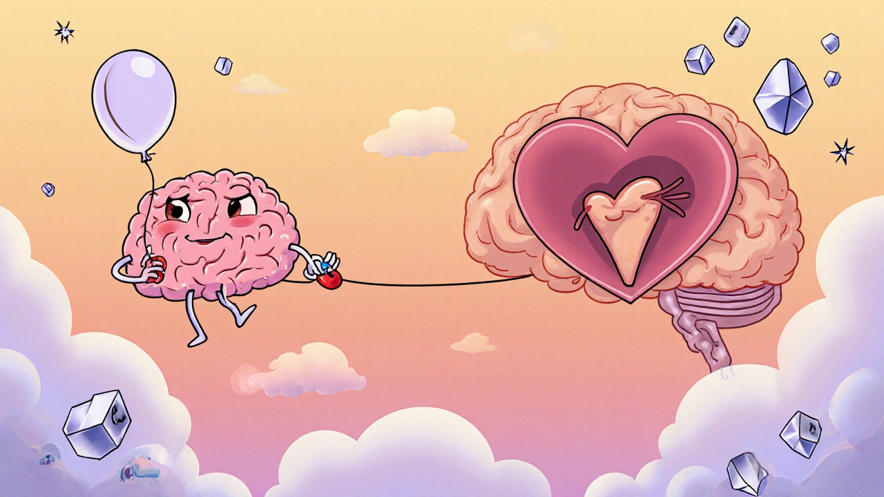 A brain with pills beside calm vs. stressed hearts, illustrating safer escitalopram use versus risky citalopram.
