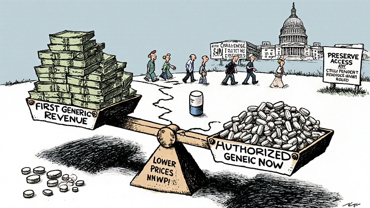 A broken scale showing generic revenue sinking under an authorized generic label.