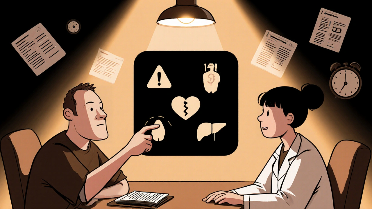A doctor and patient facing a floating black box warning with symbolic health risks.