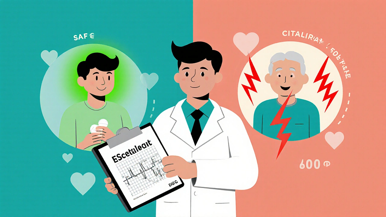 A doctor comparing safe and unsafe antidepressant doses with patient figures in a medical cartoon scene.