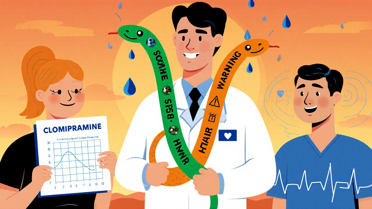 A doctor with a stethoscope made of two snakes representing SSRIs and Clomipramine, standing between two contrasting patients.