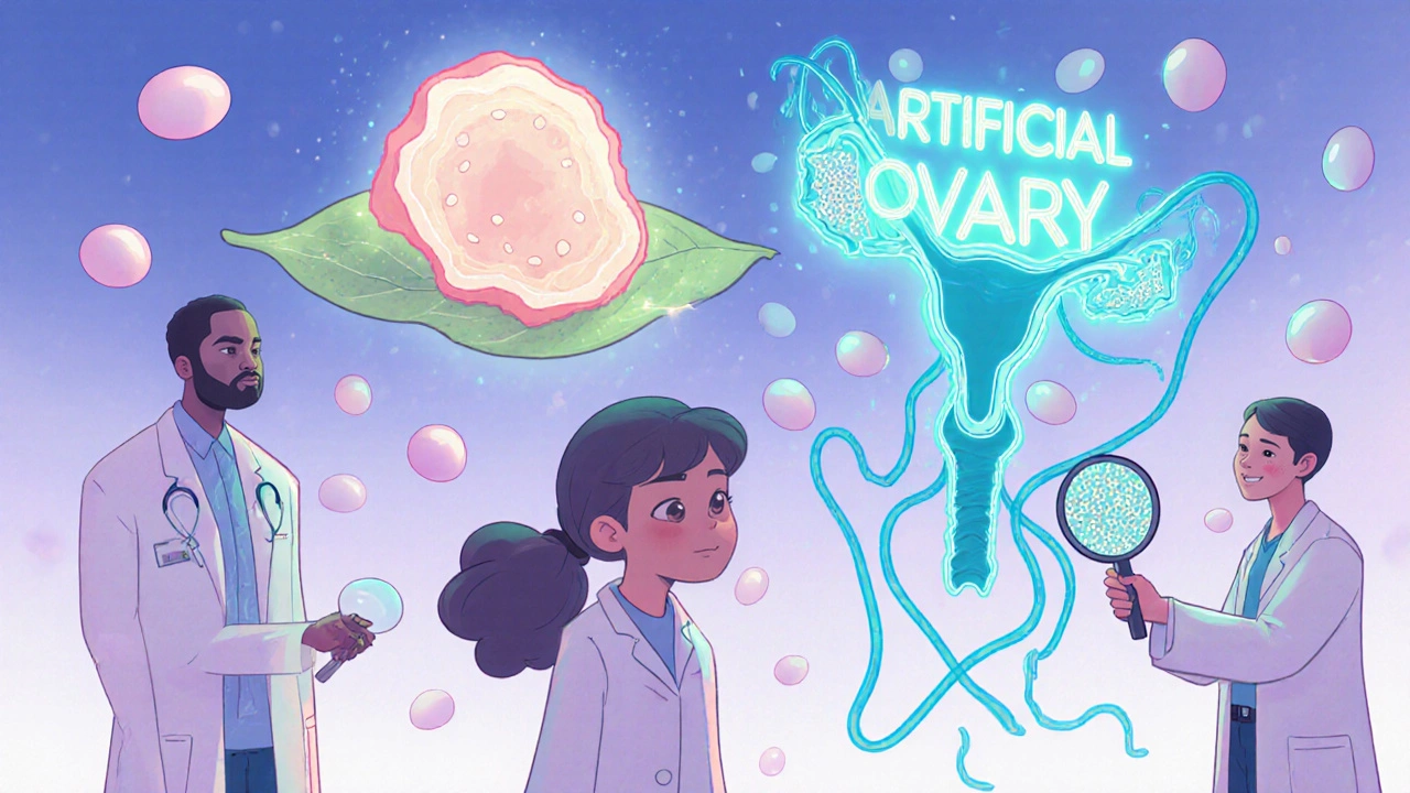 A girl&#039;s ovarian tissue floats with immature eggs, surrounded by futuristic fertility research imagery.