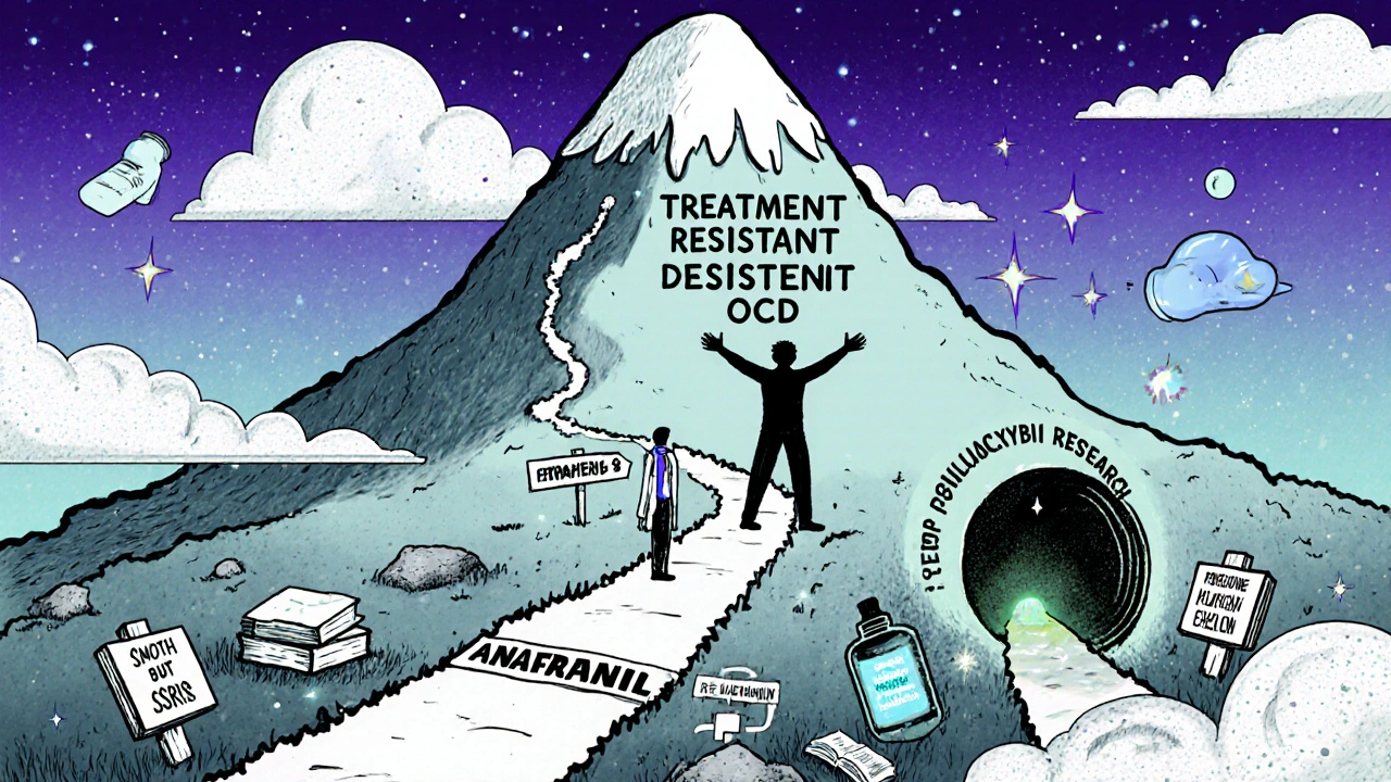 A mountain of OCD with multiple treatment paths leading to a hopeful summit under a glowing research tunnel.