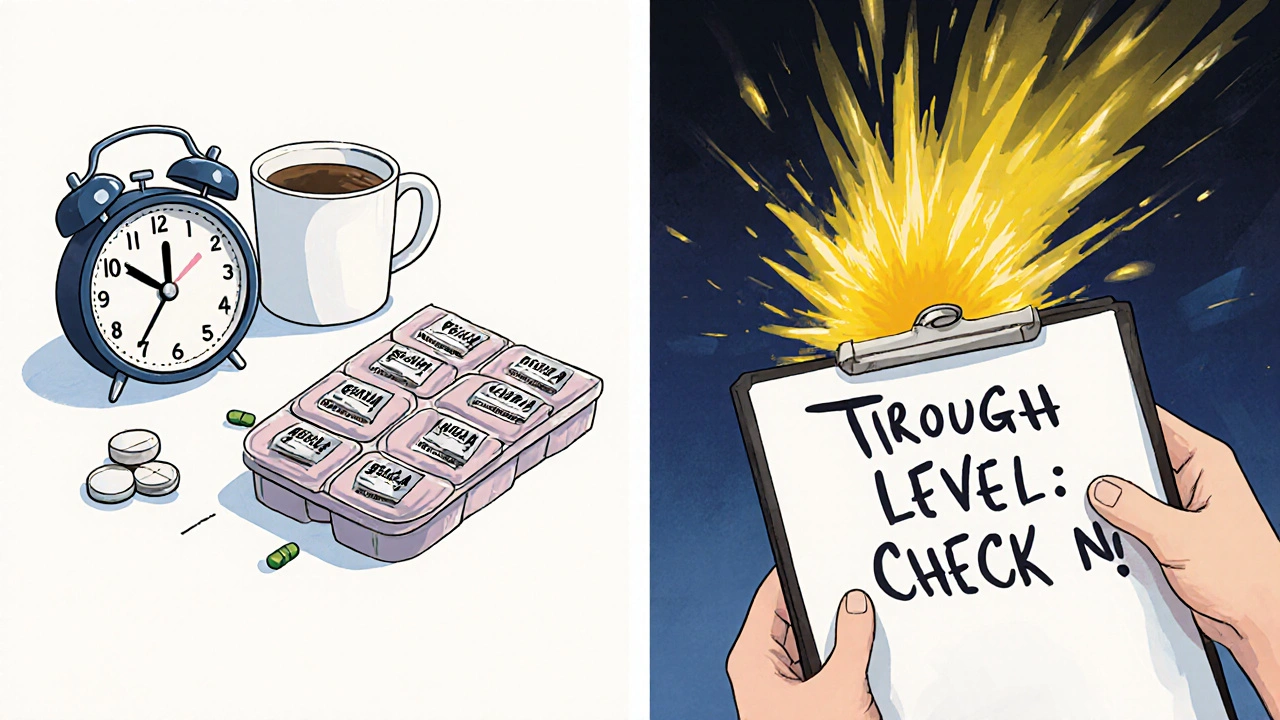A patient&#039;s pill organizer changes from Generic A to B, triggering a toxic yellow energy wave.