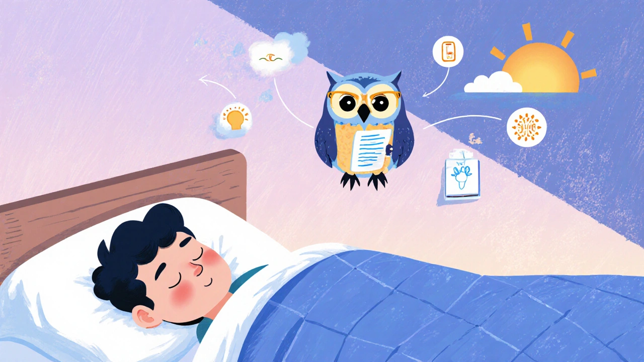 A peaceful sleeper above which a friendly owl guides a sleep routine with calming icons and sunrise light.