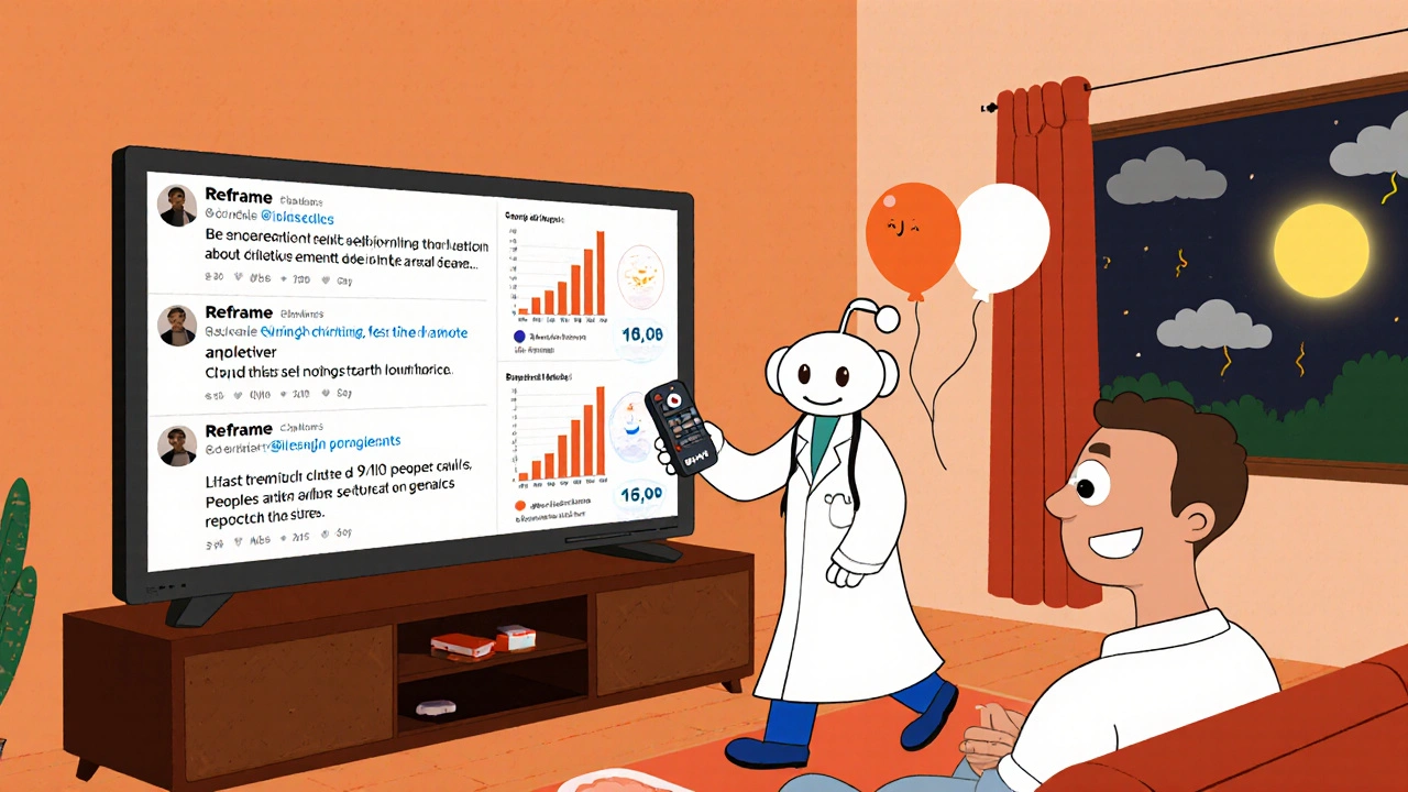 A person&#039;s mind shown as a living room where a doctor changes a negative TV screen to a positive message about generics.