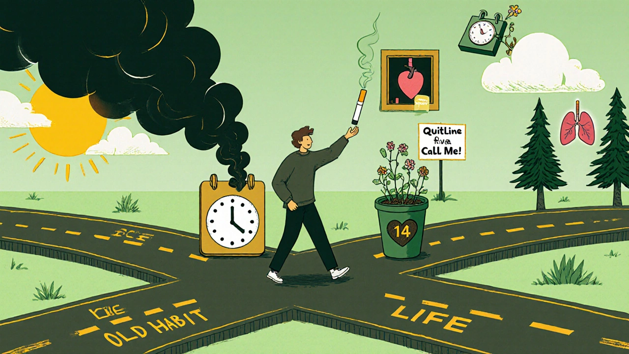 A person choosing a smoke-free path with sunlight and flowers, leaving behind ash and a broken clock.