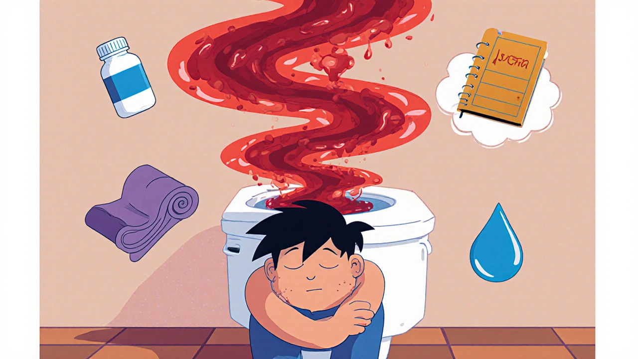 A person on a toilet with a dramatic bloody diarrhea vortex, surrounded by icons of medication, yoga, and stress in whimsical cartoon style.